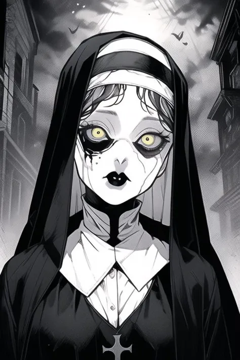 beautiful, (masterpiece:1.2), (best quality:1.2), perfect lighting, perfect eyes, perfect face, 1girl, portrait, mature female, long black hair, parted hair, yellow eyes, pale skin, nun's habit, black metal makeup, black lips, eerie atmosphere, solo, head tilt, black leather bodysuit, skin tight, belts, darkness, staring, corpse paint, skull maskeup, junji ito style, <lora:itoStyleLoRA:0.75>