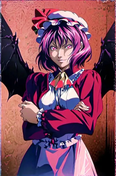 <lora:bb-style:0.9>, masterpiece, best quality, warm lighting, <lora:remilia:0.8>, rich living room, (detailed background:1.2), <lora:bimbostyleFiveU:0.3>, 1girl, solo, smug evil smile, remilia scarlet, hat, wings, bat wings, red eyes, hat ribbon, mob cap, ribbon, dress, ascot, looking at viewer, purple hair, long sleeves, short hair, rose, pink dress, parasol, bow, skirt set, puffy sleeves, shirt, skirt,