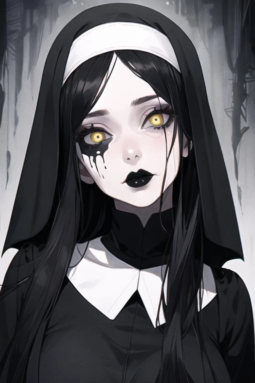 beautiful, (masterpiece:1.2), (best quality:1.2), perfect lighting, perfect eyes, perfect face, 1girl, portrait, mature female, long black hair, parted hair, yellow eyes, pale skin, nun's habit, black metal makeup, black lips, eerie atmosphere, solo, head tilt, black leather bodysuit, skin tight, belts, darkness, staring, corpse paint, skull maskeup, junji ito style, <lora:itoStyleLoRA:0.25>