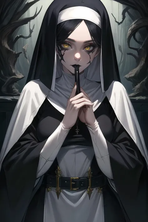 beautiful, (masterpiece:1.2), (best quality:1.2), perfect lighting, perfect eyes, perfect face, 1girl, portrait, mature female, long black hair, parted hair, yellow eyes, pale skin, nun's habit, black metal makeup, black lips, eerie atmosphere, solo, head tilt down, nun clothes, skin tight, belts, skull makeup, skull, ornate, <lora:lol2:0.75>