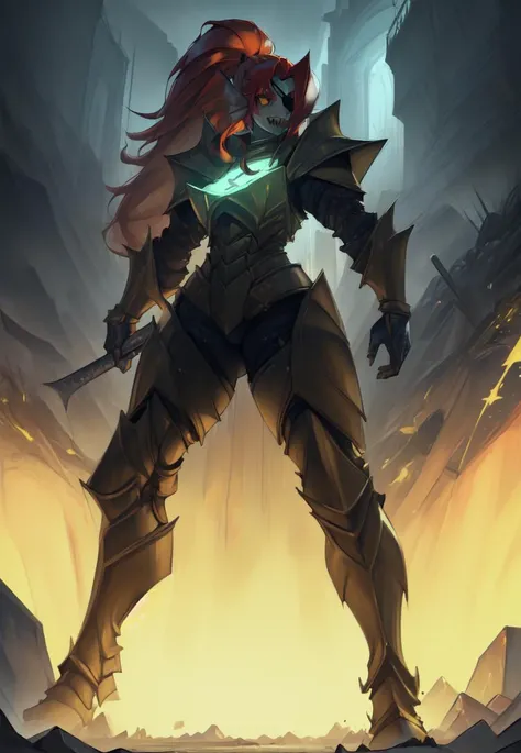 (masterpiece, best quality, high quality, highres:1.4),(illustration:1.1), 4K, yellow sclera, 1girl, solo, (full body shot, far away:1.3), undyne the undying,<lora:Undyne_v1:1>, (wearing armor:1.3), fish, sharp teeth, (muscular female:1.2), thick thighs,(quads:1.2), red hair, eyepatch, standing on a battlefield, war torn background