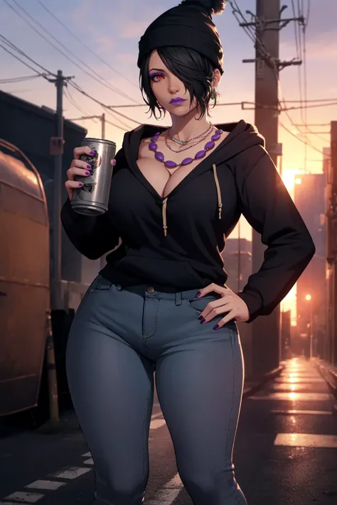 (highres, high quality:1.3), intricate details, cinematic lighting, sharp focus, depth of field,
luluffx, mature female, 1girl, solo, looking away, (beer can:1.2), drinking, holding beer can, hand on hip, sunset, city, evening,
(lonely, sad:1.15),
black hair, (hair over one eye, one eye covered:1.2), lipstick, makeup, perfect face, red eye, detailed hair, purple necklace,
black beanie, black hoodie, jeans, high heel boots,
curvy, large breasts, cleavage,
<lora:LuluFFXCS2V3:0.87>