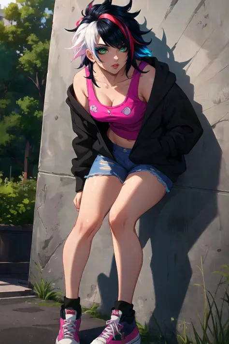 (masterpiece, best quality, high quality, highres:1.4), detailed, extremely detailed, ambient soft lighting, 4K, 1girl, (mature female, milf:1.2), (black hair, with edgscene hairstyle, spiky hair, colorful streaks:1.3), (green eyes, makeup, mascara:1.2), (black printed hoodie, pink tank top, black faded jeans, sneakers:1.3), outdoor, standing, hands in pockets, leaning against wall, one foot on wall <lora:milfWeightEdit_v1:0.5> <lora:jujunaughtStyleLora_v10:0.3> <lora:envybetterhandsLocon_beta2:1> <lora:edgEmoHaircut:0.8>