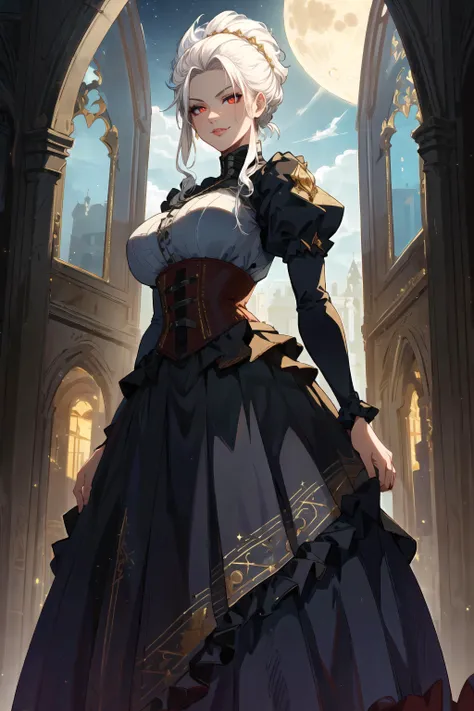 (masterpiece, best quality, high quality, highres:1.4), detailed, extremely detailed, ambient soft lighting, 4K, 1girl, (mature female, milf:1.2), (white hair, edgmarquise hairstyle:1.3), (glowing red eyes, pale skin, smirk:1.2), bursting breasts, (black ballgown, gold embroideries, lace, lacings, frills, red corset, puffy sleeves, long skirt, wide skirt:1.3), renaissance, indoor, ballroom, night, tall window, dark sky, moon, gothichorrorai <lora:milfWeightEdit_v1:0.5> <lora:jujunaughtStyleLora_v10:0.3> <lora:envybetterhandsLocon_beta2:1> <lora:edgMarquise:0.8> <lora:ballgown:0.8> <lora:gothichorrorai_v10:0.3>