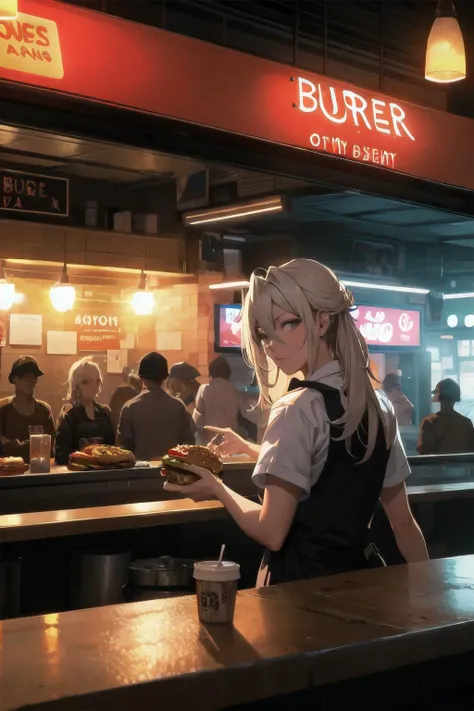 night shift at the burger bar. candid hdr smartphone photograph.