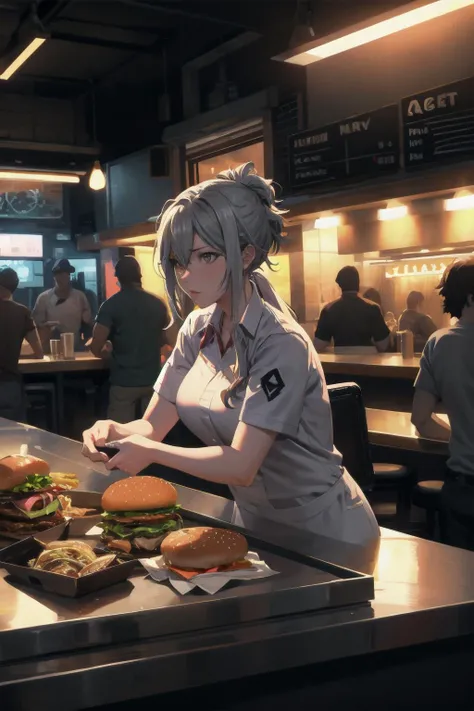 night shift at the burger bar. candid hdr smartphone photograph.