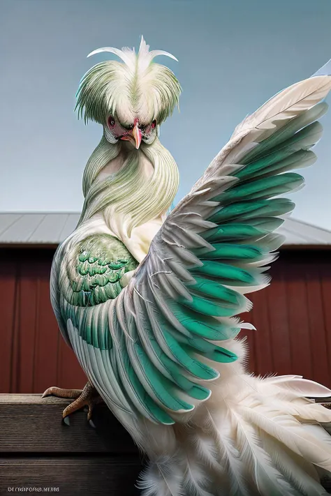 a professional photograph of (R005t3r bird:1.2) chicken,with a elegant wide (green tail plume:1.3) and colorful bright (cream wing feathers:1.3),standing on a fence in a barn yard,extremely ornate and detailed plumage,facing the viewer,portrait,rich details,hyper realistic,intense,highly detailed,face_focus,looking_at_viewer,(no humans:1.4),PA7_Portrait-MS,<lora:R005t3r_01A-final:1.1>,