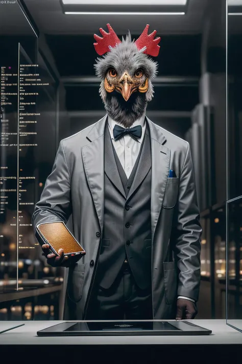 a realistic photograph of (anthropomorphic R005t3r chicken head:1.3),(human body), wearing a (gray lab coat:1.3),standing in a science museum,holding a (holographic tablet:1.2),surrounded by displays of chemistry equations and periodic tables,soft lighting,high quality,film grain,Fujifilm XT3,(highly detailed),(Award winning),(Masterpiece),(HDR),(8k wallpaper),colorful,intricate,detailed,high contrast,looking_at_viewer,highres,absurdres,hyper realistic,HDR UDH 8K wallpaper,depth_of_field,(low_view:1.2),(no humans:1.4),PA7_Portrait-HL,<lora:R005t3r_01A-final:0.8>,