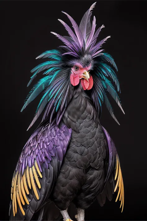 a professional pet photograph of (R005t3r:1.1) bird as a rooster chicken,with a (purple iridescent plume) with (colorful yellow tipped wing feathers),standing on a stage,competing in a pet show,extremely ornate and detailed plumage,facing the viewer,portrait,(simple studio background),rich details,modelshoot style,hyper realistic,intense,highly detailed,face_focus,looking_at_viewer,PA7_Portrait-MS,<lora:R005t3r_01A-final:0.8>,