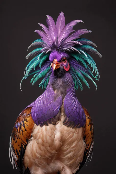 a professional pet photograph of (R005t3r:1.1) bird as a rooster chicken,with a (purple iridescent plume) with (colorful yellow tipped wing feathers),standing on a stage,competing in a pet show,extremely ornate and detailed plumage,facing the viewer,portrait,(simple studio background),rich details,modelshoot style,hyper realistic,intense,highly detailed,face_focus,looking_at_viewer,PA7_Portrait-MS,<lora:R005t3r_01A-final:0.8>,