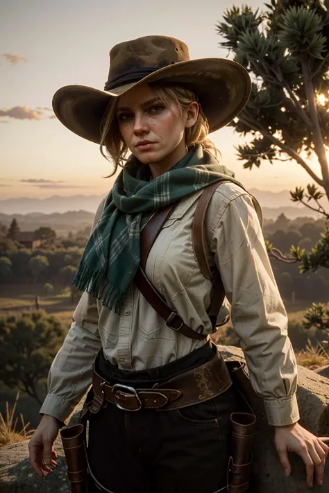 ((ultra detailed, masterpiece, best quality))
<lora:RDR2Sadie:0.8>
RDR2Sadie, 1girl, solo, blonde hair, Amidst a prairie landscape, wide-brimmed hat, the golden hour sunlight bathing the open range, standing tall with a hand on a holstered revolver