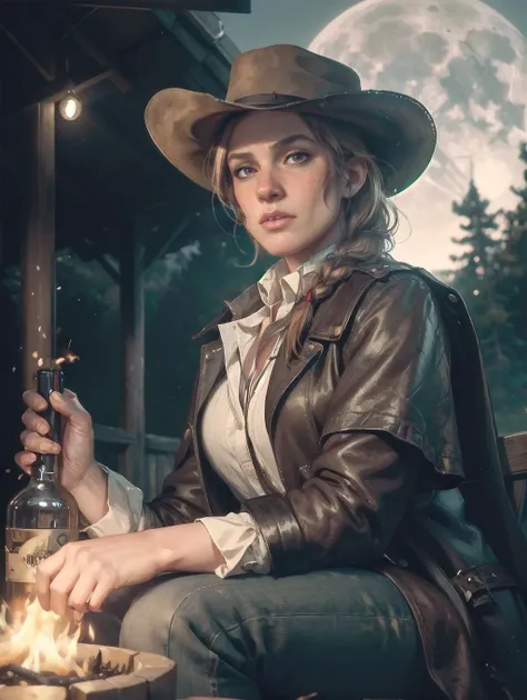cinematic film still (8k, RAW photo, best quality, masterpiece:1.2),ultra-detailed, (high detailed skin:1.2), 8k uhd, dslr, soft lighting, high quality, <lora:RDR2Sadie:0.85> rdr2sadie, 1girl, freckles, braid, shirt, cowboy hat, long hair, looking at viewer, tight_jeans, cowboy_boots, white shirt, outdoors, night, stars, full_moon, sitting_outdoors, at_campfire, fire, looking_down_at_the_flames, (black_leather_duster_coat) . shallow depth of field, vignette, highly detailed, high budget, bokeh, cinemascope, moody, epic, gorgeous, film grain, grainy