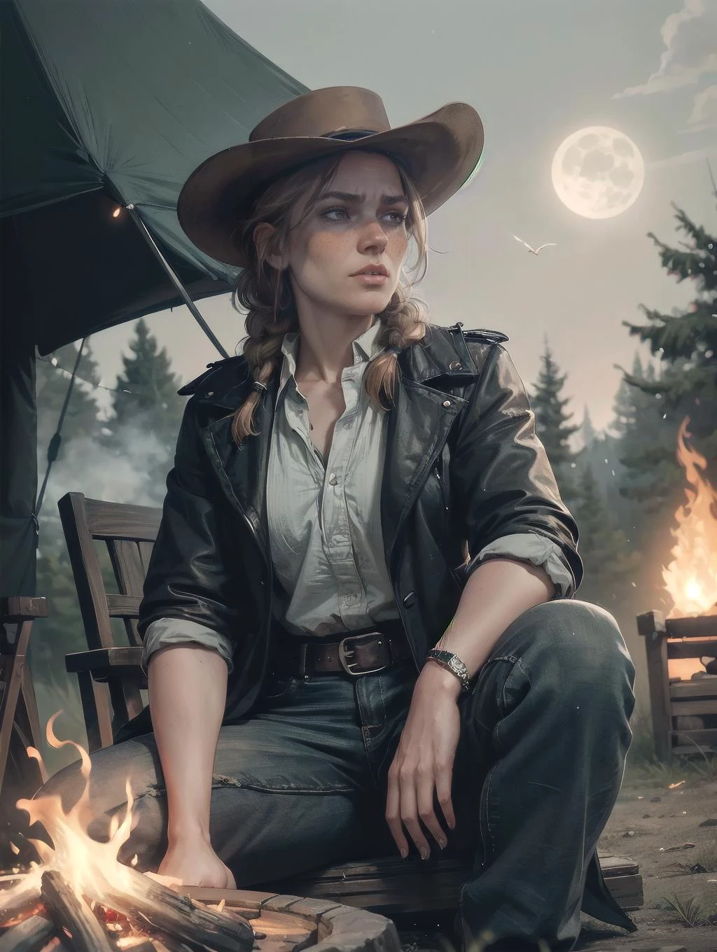 cinematic film still (8k, RAW photo, best quality, masterpiece:1.2),ultra-detailed, (high detailed skin:1.2), 8k uhd, dslr, soft lighting, high quality, <lora:RDR2Sadie:0.85> rdr2sadie, 1girl, freckles, braid, shirt, cowboy hat, long hair, tight_jeans, cowboy_boots, white shirt, outdoors, night, stars, full_moon, sitting_outdoors, at_campfire, fire, looking_down_at_the_flames, (black_leather_duster_coat) . shallow depth of field, vignette, highly detailed, high budget, bokeh, cinemascope, moody, epic, gorgeous, film grain, grainy