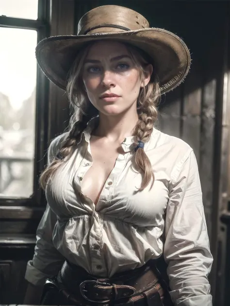 cinematic film still (8k, RAW photo, best quality, masterpiece:1.2),ultra-detailed, (high detailed skin:1.2), 8k uhd, dslr, soft lighting, high quality, smiling, ((deep_cleavage, blush)) <lora:RDR2Sadie:0.85> rdr2sadie, 1girl, freckles, braid, shirt, cowboy hat, long hair, looking at viewer, rolled_up_sleeves, pants, white shirt, . shallow depth of field, vignette, highly detailed, high budget, bokeh, cinemascope, moody, epic, gorgeous, film grain, grainy