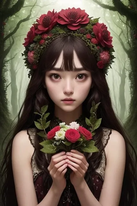 1girl in a mythical forest, masterpiece, perfect face, intricate details, horror theme, <lora:flowerman:1> flowerman