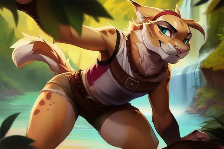 nsfw, uploaded on e621, by Pixelsketcher, by Bayard Wu, by Thomas Benjamin Kennington , by Einshelm, <lora:Jade_Bobcat:1>,  (realistic:1.2), jade the bobcat, lynx, female, furry anthro, cat ears, red headband, pink nose, (detailed clear aqua eyes:1.3),  fangs, beige brown hair, (long fringe:1.5), ponytail, light tan body, (brown leather straps around biceps:1.3), neck fur tuft, (brown breast belt with buckle:1.5), (white and red crop top:1.6), brown weave belt, (light tan shorts:1.4), white bandaged hands, (tomboy), white bandaged arms, (thigh knife strap:1.4), (chibi:0.8), bandaged ankles,  real life, , ((portrait)), BREAK,
standing seductively, dynamic pose, (short bobcat tail:1.4), (detailed Bonifasko lighting), (fluffy fur), (detailed fur), (detailed skin), camel toe, (smirk:1.1), BREAK,
masturbation, cinematic lighting, ((detailed forest background, waterfall, hills, tree)), oasis, beautiful lake, wide angle view, (half body shadow:1.3),
[backlighting], [[crepuscular ray]], [detailed ambient light], [gray natural lighting], [ambient light on the belly], (higher wildlife feral detail), outdoors, ocean view and beach,BREAK,
[realistic proportions], [explict content], [sharp focus], (questionable content), (shaded), ((masterpiece))