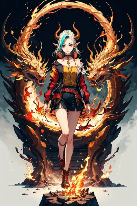 oniNFT,horns,jewelry,earrings,jacket,multicolored hair,pointy ears,looking at viewer,ear piercing,1girl,full body,<lora:dragon_real_base_V1:0.6>,dragon_real,flame,, (masterpiece, best quality, high quality, highres, ultra-detailed),