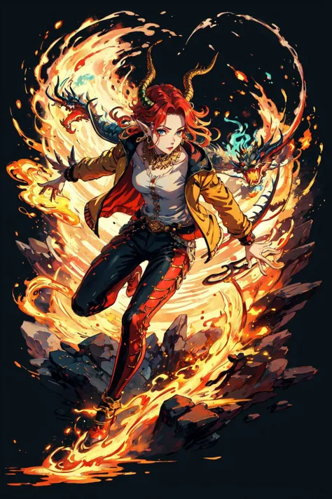 oniNFT,horns,jewelry,earrings,jacket,multicolored hair,pointy ears,looking at viewer,ear piercing,1girl,full body,<lora:dragon_real_base_V1:0.6>,dragon_real,flame,, (masterpiece, best quality, high quality, highres, ultra-detailed),