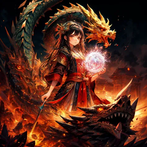 (masterpiece:1.2), (best quality:1.3), highres, ultradetailed, vibrant colors, 1girl, little girl, black hair, brown eyes, serious face, wearing traditional dress, flowers covering body, surrounded by bright aura, looking at viewer, <lora:20230525122544:1>, dragon_real, magical flow of energy, ritual grounds, beautiful night sky, <lora:add_detail:1>