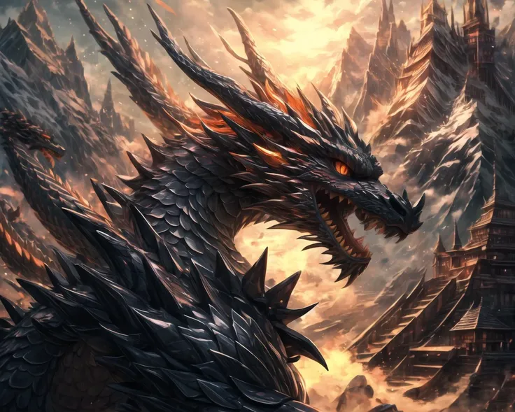 no humans, solo, masterpiece, <lora:more_details:0.7>, scenery, outdoors, mountains, orange eyes, slit pupils, dragon, scales, <lora:20230525122544:1>, dragon_real,