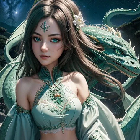 extremely detailed CG unity 8k wallpaper,masterpiece, best quality, ultra-detailed, beautiful detailed eyes:1.2,best illumination, (best shadow, an extremely delicate and beautiful, bloom),dragon_real, (1men),solo,dark hair,(blue eyes:1.1),short hair,Bare shoulders,silver armor,jewels, (green dragon:1.4),(tattoos and dragon),collarbone,moon,gigantic hanging breasts,White silk stockings,lace,Anime face,2.5D,8k, Beautiful facial features,starry sky,Complex decoration,Black Armor,looking at viewer,Strong lighting,light and shadow texture,texture details
