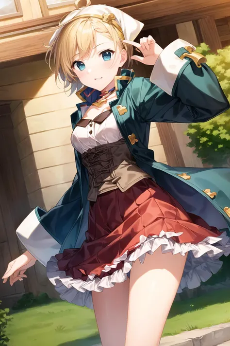 masterpiece, best quality, detailed face,(ultra hi res:1.2),(illustration:1.3),(game cg:1.2),(official concept art: 1.2),
(1girl:1.5),
(),
kawaii,
(small breasts:1.1) ,
(slender),
BREAK
(sophie_cos:1.3), (head scarf),
<lora:sophie_cos_V3:0.7:MIDD>,
dark green long coat,red skirt,frilled_skirt,
cowboy shot,
dynamic pose,
grey eyes,
short cut hair,
yellow hair,
BREAK
<lora:add_detail:0.5>