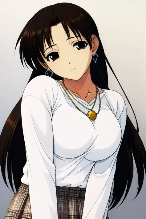 1girl, tomoko_hoshina, long hair, straight hair, street, white knitted sweater, brown checkered skirt, necklace, large breasts <lora:tomoko3:0.8>