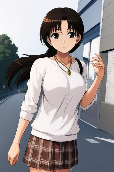 1girl, tomoko_hoshina, long hair, straight hair, street, white knitted sweater, brown checkered skirt, necklace, large breasts <lora:tomoko3:0.8>