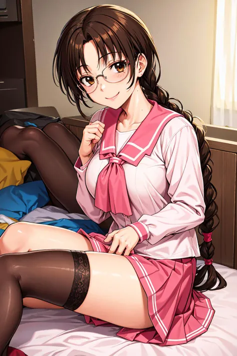 1girl,looking at viewer,bed,sitting, spread legs,(knees up:1.4),love hotel,(prostitute,naughty face,seductive smile:1) ,tomoko_hoshina,single braid,glasses,brown_hair,brown_eye,pink serafuku, toheart,long sleeves,pleated skirt,thighhighs,large breast,toheart serafuku, toheart school uniform,pink skirt,,seductive smile,17_year_old_girl,half naked, taking off cloth,show off panties, <lora:tomoko3-000012:0.5>