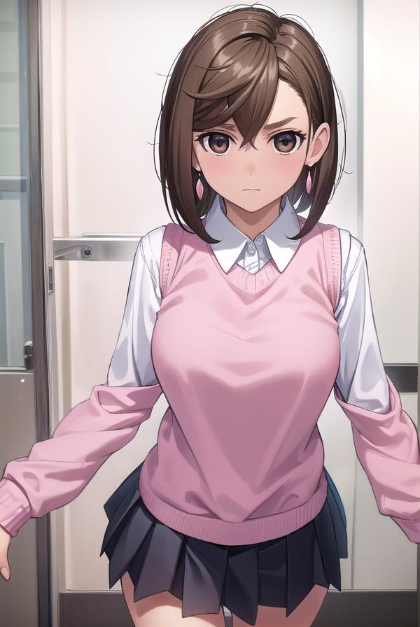 Anime girl in pink sweater and skirt standing in front of a door ...