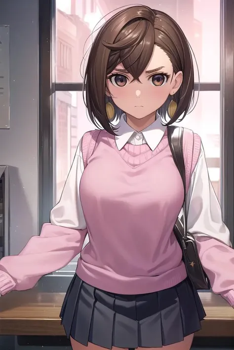momoayase, <lora:momo ayase manga-lora-nochekaiser:1>,
momo ayase, short hair, brown hair, (brown eyes:1.5), bangs, thick eyebrows,
BREAK skirt, school uniform, pleated skirt, shoes, socks, loafers, sweater vest, (pink sweater:1.5), shirt, white shirt, collared shirt, earrings, green earrings,
BREAK indoors, classroom,
BREAK looking at viewer, (cowboy shot:1.5),
BREAK <lyco:GoodHands-beta2:1>, (masterpiece:1.2), best quality, high resolution, unity 8k wallpaper, (illustration:0.8), (beautiful detailed eyes:1.6), extremely detailed face, perfect lighting, extremely detailed CG, (perfect hands, perfect anatomy),