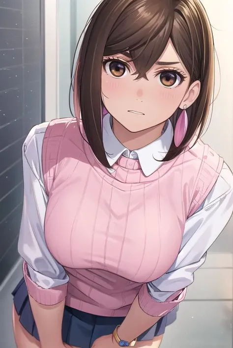momoayase, <lora:momo ayase manga-lora-nochekaiser:1>,
momo ayase, short hair, brown hair, (brown eyes:1.5), bangs, thick eyebrows,
BREAK skirt, school uniform, pleated skirt, shoes, socks, loafers, sweater vest, (pink sweater:1.5), shirt, white shirt, collared shirt, earrings, green earrings,
BREAK indoors, classroom,
BREAK looking at viewer, (cowboy shot:1.5),
BREAK <lyco:GoodHands-beta2:1>, (masterpiece:1.2), best quality, high resolution, unity 8k wallpaper, (illustration:0.8), (beautiful detailed eyes:1.6), extremely detailed face, perfect lighting, extremely detailed CG, (perfect hands, perfect anatomy),