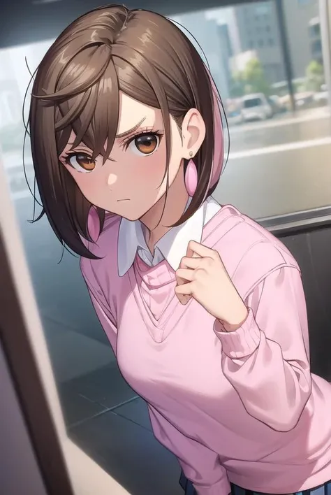 momoayase, <lora:momo ayase manga-lora-nochekaiser:1>,
momo ayase, short hair, brown hair, (brown eyes:1.5), bangs, thick eyebrows,
BREAK skirt, school uniform, pleated skirt, shoes, socks, loafers, sweater vest, (pink sweater:1.5), shirt, white shirt, collared shirt, earrings, green earrings,
BREAK indoors, classroom,
BREAK looking at viewer, (cowboy shot:1.5),
BREAK <lyco:GoodHands-beta2:1>, (masterpiece:1.2), best quality, high resolution, unity 8k wallpaper, (illustration:0.8), (beautiful detailed eyes:1.6), extremely detailed face, perfect lighting, extremely detailed CG, (perfect hands, perfect anatomy),
