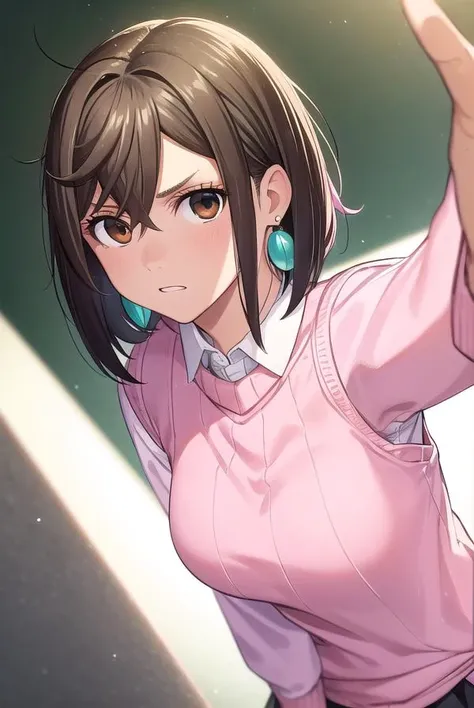 momoayase, <lora:momo ayase manga-lora-nochekaiser:1>,
momo ayase, short hair, brown hair, (brown eyes:1.5), bangs, thick eyebrows,
BREAK skirt, school uniform, pleated skirt, shoes, socks, loafers, sweater vest, (pink sweater:1.5), shirt, white shirt, collared shirt, earrings, green earrings,
BREAK indoors, classroom,
BREAK looking at viewer, (cowboy shot:1.5),
BREAK <lyco:GoodHands-beta2:1>, (masterpiece:1.2), best quality, high resolution, unity 8k wallpaper, (illustration:0.8), (beautiful detailed eyes:1.6), extremely detailed face, perfect lighting, extremely detailed CG, (perfect hands, perfect anatomy),