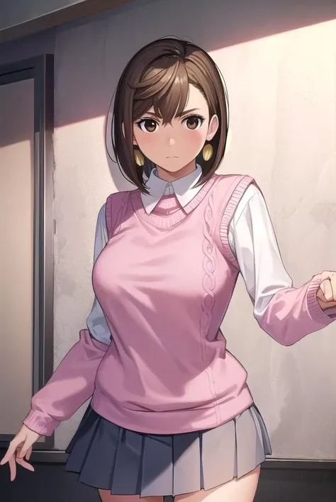 momoayase, <lora:momo ayase manga-lora-nochekaiser:1>,
momo ayase, short hair, brown hair, (brown eyes:1.5), bangs, thick eyebrows,
BREAK skirt, school uniform, pleated skirt, shoes, socks, loafers, sweater vest, (pink sweater:1.5), shirt, white shirt, collared shirt, earrings, green earrings,
BREAK indoors, classroom,
BREAK looking at viewer, (cowboy shot:1.5),
BREAK <lyco:GoodHands-beta2:1>, (masterpiece:1.2), best quality, high resolution, unity 8k wallpaper, (illustration:0.8), (beautiful detailed eyes:1.6), extremely detailed face, perfect lighting, extremely detailed CG, (perfect hands, perfect anatomy),