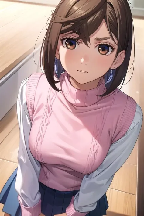 momoayase, <lora:momo ayase manga-lora-nochekaiser:1>,
momo ayase, short hair, brown hair, (brown eyes:1.5), bangs, thick eyebrows,
BREAK skirt, school uniform, pleated skirt, shoes, socks, loafers, sweater vest, (pink sweater:1.5), shirt, white shirt, collared shirt, earrings, green earrings,
BREAK indoors, classroom,
BREAK looking at viewer, (cowboy shot:1.5),
BREAK <lyco:GoodHands-beta2:1>, (masterpiece:1.2), best quality, high resolution, unity 8k wallpaper, (illustration:0.8), (beautiful detailed eyes:1.6), extremely detailed face, perfect lighting, extremely detailed CG, (perfect hands, perfect anatomy),