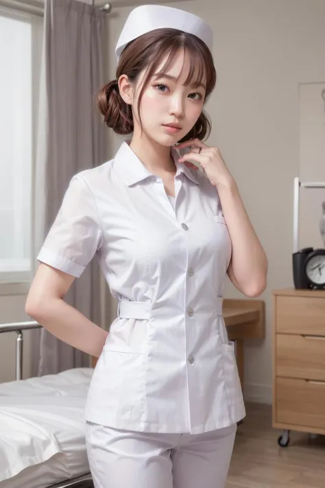 1 Girl,(Wearing white nurse clothes:1.2),(RAW Photos, Highest quality), (Realistic, photo-Realistic:1.4), masterpiece, Very delicate and beautiful, Very detailed, 2k wallpaper, wonderful, finely, Very detailed CG unity 8k wallpaper, Very detailedな, High resolution, Soft Light, Beautiful detailed girl, Very detailed eyes and face, Beautiful and detailed nose, finely beautiful eyes, nurse, Perfect Anatomy, Black Hair, Upstyle, nurse uniform,  Long skirt, nurse, White costume, thin, hospital, clear, White Uniform, hospital room, Neck auscultation,Bobcut、Flip up the skirt、20th Generation、smile