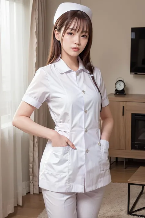 1 girl,(Wearing white nurse clothes:1.2),(Raw photo, highest quality), (realistic, photo-realistic:1.4), masterpiece, very delicate and beautiful, very detailed, 2k wallpaper, wonderful, finely, very detailed CG unity 8k wallpaper, Super detailed, High resolution, soft light, beautiful detailed girl, very detailed eyes and face, beautifully detailed nose, finely beautiful eyes, nurse, perfect anatomy, black hair, up style, nurse uniform, ((nurse cap)), long skirt, nurse, white costume, thin, hospital, clear, White uniform, hospital room, Neck auscultation,(short hair), 