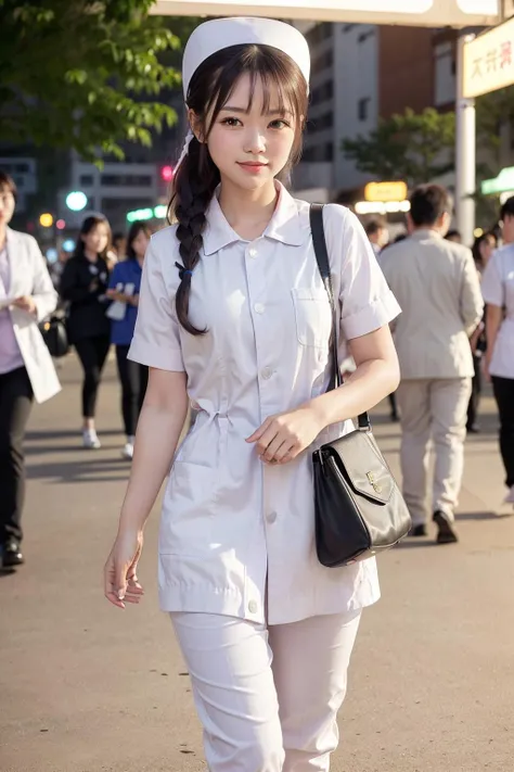 (photorealistic:1.4),(masterpiece:1.4),(best quality:1.4),ultra high res,HDR,8k resolution,detailed skin texture,detailed cloth texture,
aegyo sal,1girl,solo,slim waist,brown hair,medium breasts,smile,nurse,<lora:nurse_v30:0.7>,(collared white nurse_uniform:1.4),(white cardigan:1.3),short sleeves,hat,white nurse cap,white leggings,
(ulzzang-6500:0.5),<lora:Gini_S2:0.2:lbw=fach>,
(walking:1.3),(A girl carrying 1 black shoulder bag is browsing the night market:1.4),(many people in the background visiting the night market:1.3),shops,