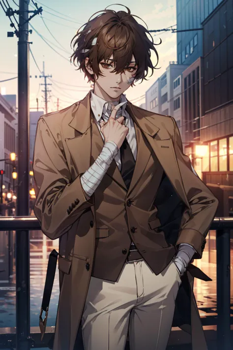 (Masterpiece, best quality, extremely detailed CG, highly detailed, 8k wallpaper, Ultra HD: 1.2), dazai osamu,short hair,brown hair,brown jacket,white pants,bandages,fata,<lora:Osamu Dazai Bungou Stray Dogs:0.7>, <lora:Style_GlassyandGlaze (FATA)_v1.0:0.7>