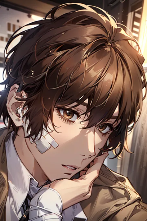 (Masterpiece, best quality, extremely detailed CG, highly detailed, 8k wallpaper, Ultra HD: 1.2), dazai osamu,short hair,brown hair,brown jacket,white pants,bandages,1boy,solo,fata,chin on hand,<lora:Osamu Dazai  Bungou Stray Dogs:0.7>,  <lora:fata:0.7>