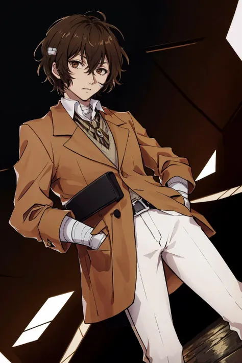 masterpiece, best quality, 1boy, solo, standing, looking at viewer, <lora:bsd_osamu-10:1> dazai osamu, short hair, brown hair, brown jacket, white pants, bandages, dutch angle, hands in pockets