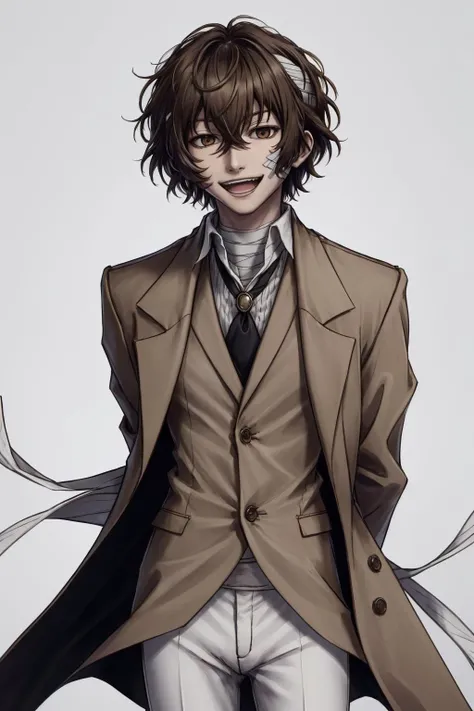 masterpiece, best quality, 1boy, solo, <lora:bsd_atsushi:1>, dazai osamu, short hair, brown hair, brown jacket, white pants, bandages, :D, close-up, arms behind back