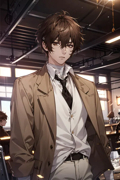 (Masterpiece, best quality, extremely detailed CG, highly detailed, 8k wallpaper, Ultra HD: 1.2), dazai osamu,short hair,brown hair,brown jacket,white pants,bandages,1boy,solo,upper body,fata,<lora:Osamu Dazai Bungou Stray Dogs:0.7>, <lora:fata:0.6>