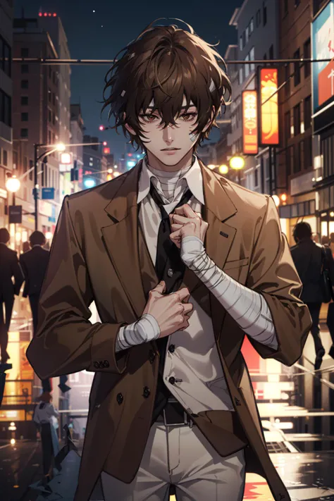 (Masterpiece, best quality, extremely detailed CG, highly detailed, 8k wallpaper, Ultra HD: 1.2), dazai osamu,short hair,brown hair,brown jacket,white pants,bandages,<lora:Osamu Dazai  Bungou Stray Dogs:0.7>