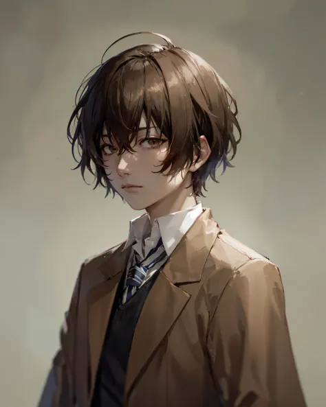 (masterpiece, best quality:1.2), <lora:bsd_atsushi-10:0.7>, upper body, solo, male focus, 1boy, dazai osamu, expressionless, brown jacket, bandages