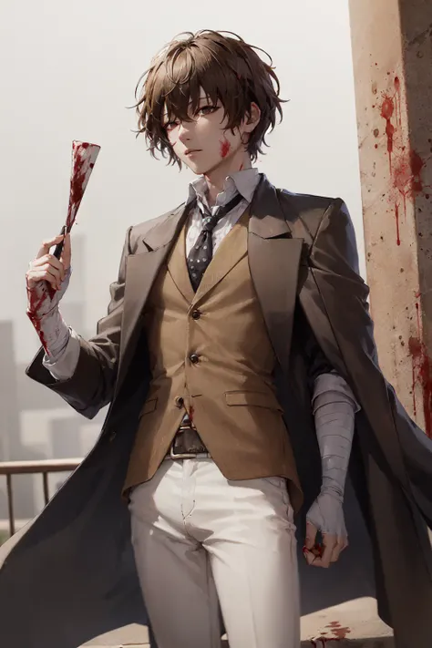 (masterpiece, best quality:1.2), <lora:bsd_osamu-10:0.7>, cowboy shot, solo, male focus, 1boy, dazai osamu, expressionless, brown jacket, white pants, bandages, (blood:1.1)