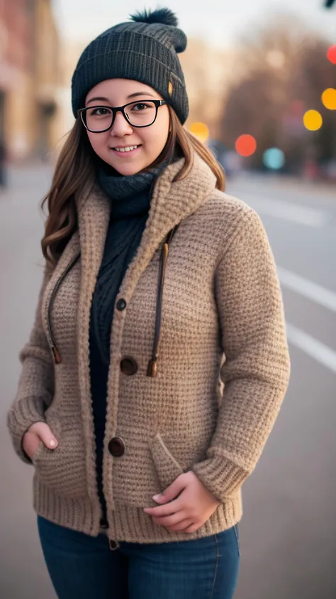 realistic, young adult girl, age 20, cute, caucasian, chubby:0.8, sweater, brown coat, scarf, glasses, beanie, (best quality) (detailed skin)
