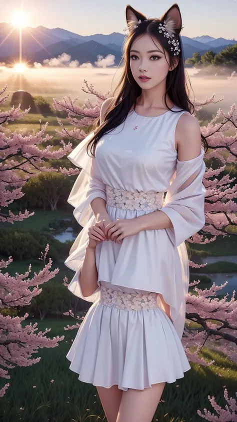 (8k, best quality,high quality clothes, masterpiece:1.2,tall  precision skin,,rich facial texture,open_clothes:1.6),1girl,nipples, breasts, solo,long_hair, black_hair,(spring)(flowers all over the ground),(peach blossom, falling petals,petals,),(white sleeves,white shorts,white hairband),(pavilion),(swinging fox tail),fur_trim, animal_ears, fur,(whit_ fur_clothing:1.3),hair_ornament, veil,cat girl,(cloud,MIST,peak,alp,1sunrise,1moon,morning,ship, starry sky,blooming with flowers, reeds,),(full of peach blossoms)<lora:sexy_beauty_v15:0.8>