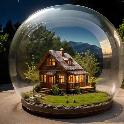 mini house, landscape, old fashion, nature, night light, a bubble, in the bubble, high detailed, masterpiece, best quality, <lora:Bubble_Sora:0.4>, (masterpiece,best quality:1.5)